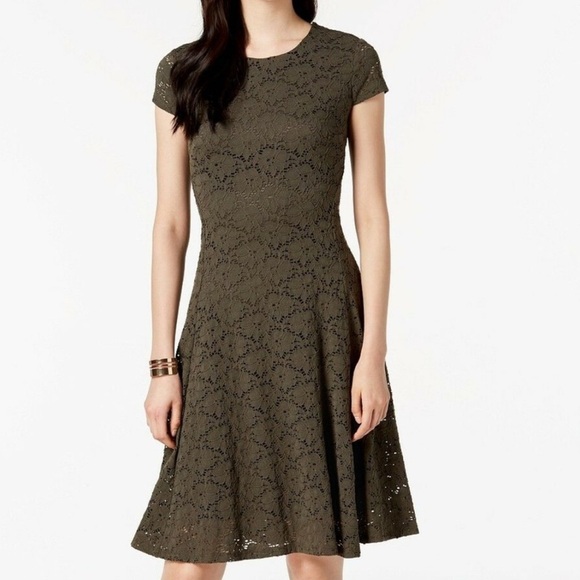 Alfani | Olive Green Lace Fit Flare Midi Dress | Sz 10P - Picture 1 of 9